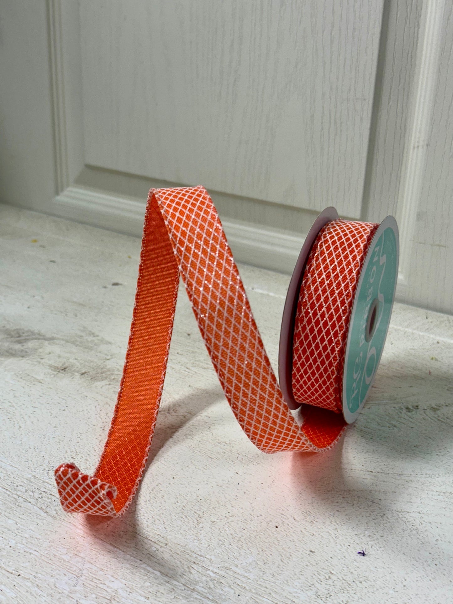 7/8 Inch By 10 Yard Orange And White Harlequin Ribbon