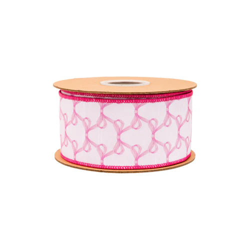2.5 Inch By 10 Yard Pink Bows On White Dupioni Ribbon