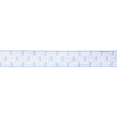 2.5 Inch By 10 Yard Blue Bows On White Dupioni Ribbon
