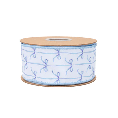 2.5 Inch By 10 Yard Blue Bows On White Dupioni Ribbon