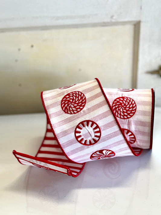 4 Inch By 10 Yard Red And White Peppermint Swirl Ribbon