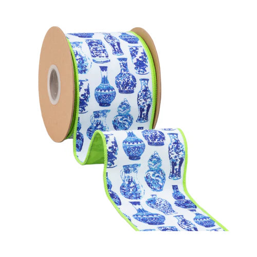 4 Inch By 10 Yard Blue And White China Pots With Lime Green Backing Dupioni Ribbon