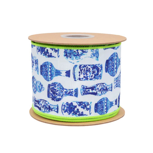 4 Inch By 10 Yard Blue And White China Pots With Lime Green Backing Dupioni Ribbon