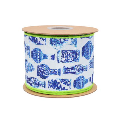 4 Inch By 10 Yard Blue And White China Pots With Lime Green Backing Dupioni Ribbon