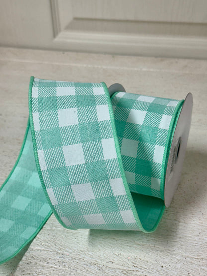 2.5 Inch By 10 Yard Mint Green And White Check Ribbon