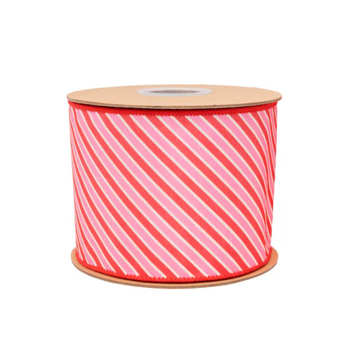 4 Inch By 10 Yard Red White And Pink Diagonal Stripe Dupioni Ribbon