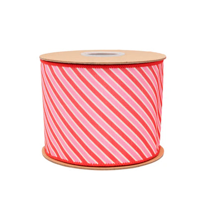 4 Inch By 10 Yard Red White And Pink Diagonal Stripe Dupioni Ribbon