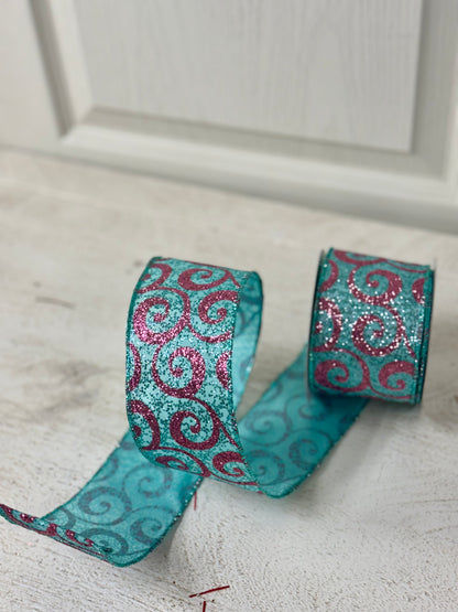 2.5 Inch By 10 Yard Teal And Pink Glitter Swirl Ribbon