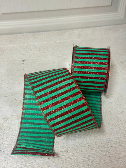 2.5 Inch By 10 Yard Jade And Red Glitter Stripe Ribbon