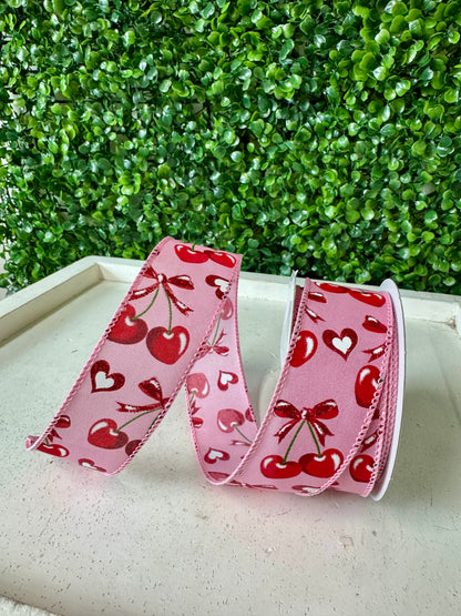 1.5 Inch By 10 Yard Pink Red Cherry Heart Ribbon