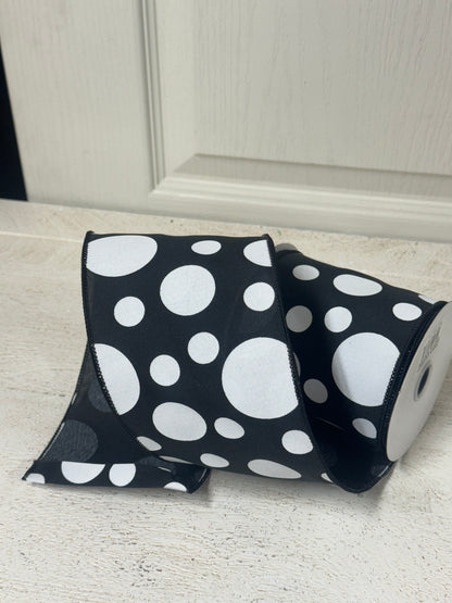 4 Inch By 10 Yard Black And White Polka Dot Ribbon