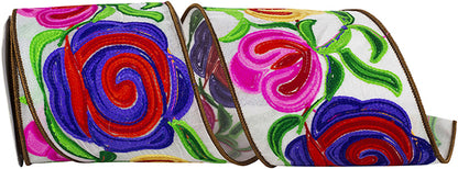 4 Inch By 5 Yard Flower Embroidery Stitches Wired Edge Ribbon