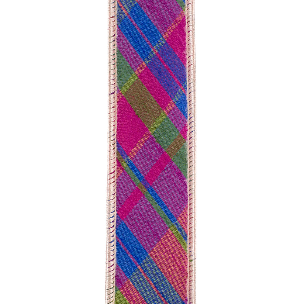 1.5 Inch By 5 Yard Magenta Plaid Diagonal Dupioni Deluxe Wired Edge Ribbon