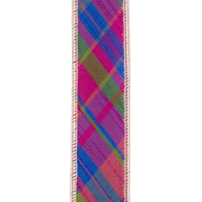1.5 Inch By 5 Yard Magenta Plaid Diagonal Dupioni Deluxe Wired Edge Ribbon