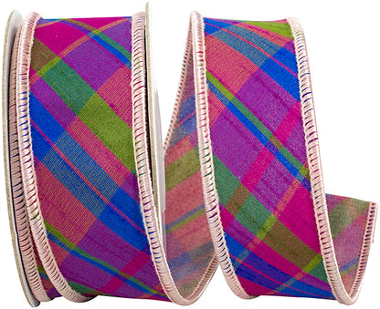 1.5 Inch By 5 Yard Magenta Plaid Diagonal Dupioni Deluxe Wired Edge Ribbon