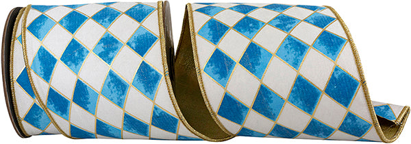 4 Inch By 10 Yards Cobalt Blue And White Harlequin Diamond Gilded Wired Ribbon