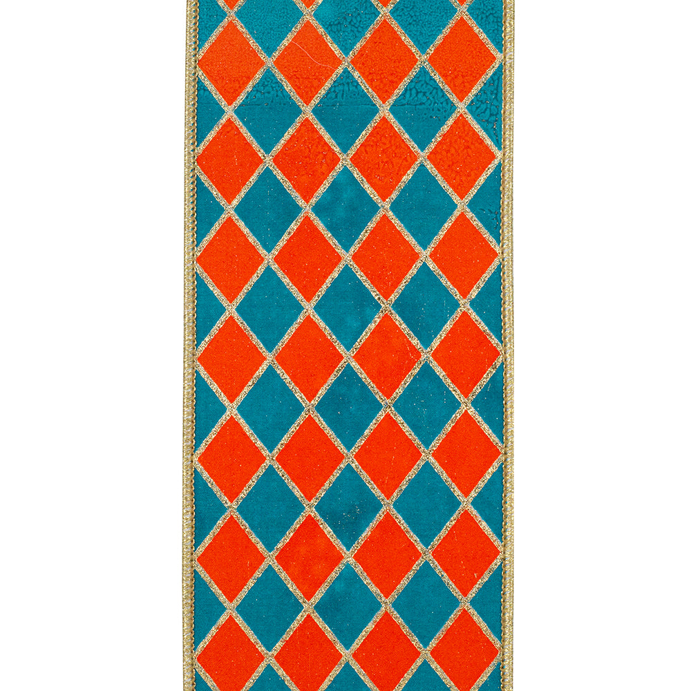 4 Inch By 5 Yard Orange And Turquoise Diamond Elite Metallic Outline Deluxe Wired Edge Ribbon