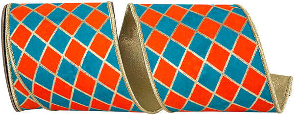 4 Inch By 5 Yard Orange And Turquoise Diamond Elite Metallic Outline Deluxe Wired Edge Ribbon
