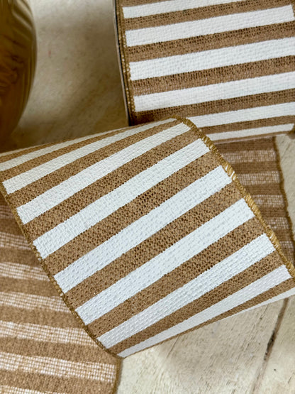 4 Inch By 10 Yard Burlap And White Cabana Stripe Ribbon