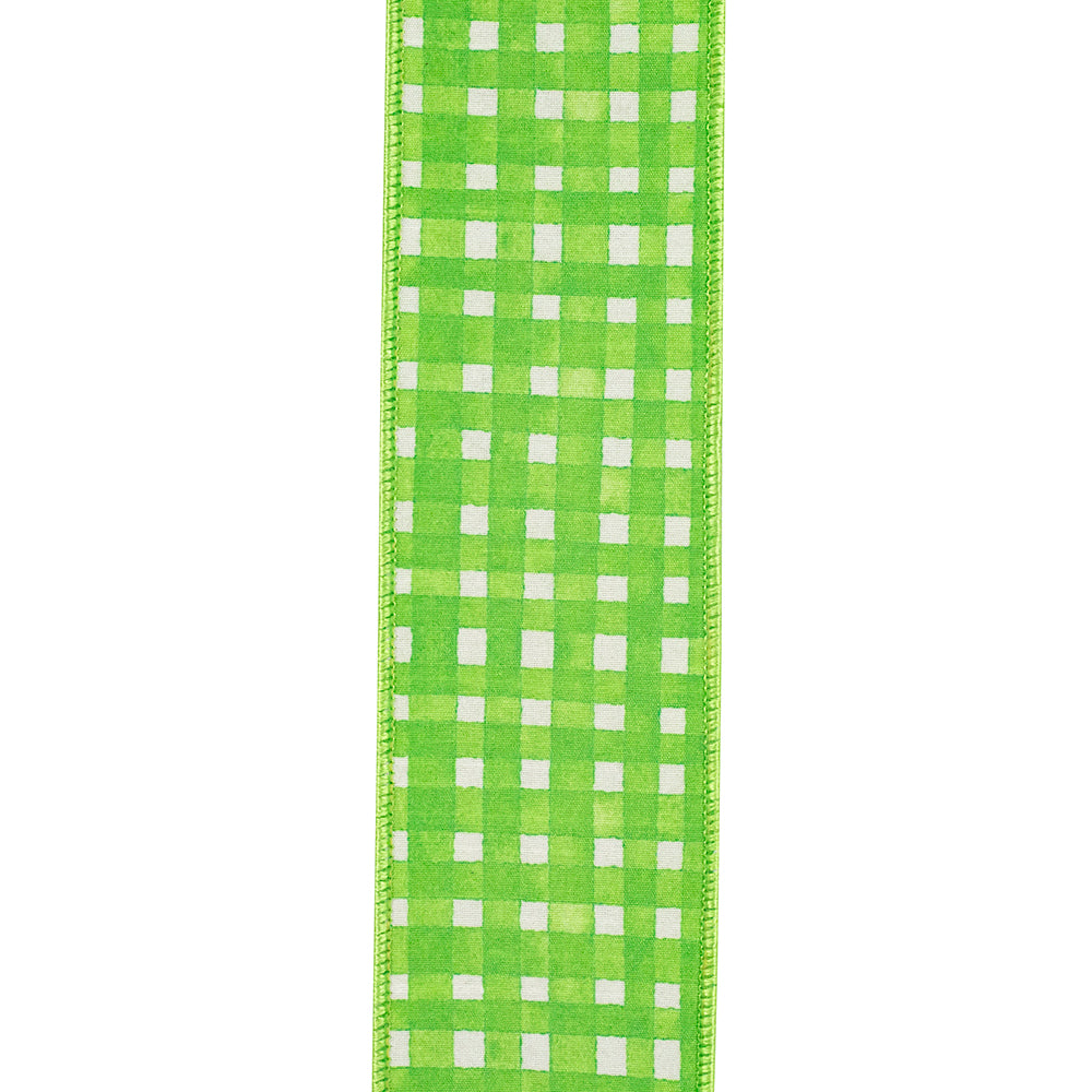 2.5 Inch Green Watercolor Check Deluxe Dupioni Backed Wired Edge Ribbon