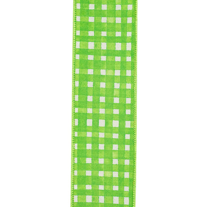 2.5 Inch Green Watercolor Check Deluxe Dupioni Backed Wired Edge Ribbon