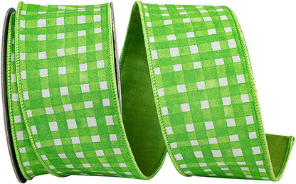2.5 Inch Green Watercolor Check Deluxe Dupioni Backed Wired Edge Ribbon
