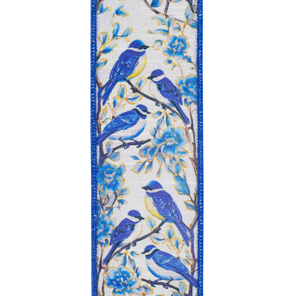 2.5 Inch By 10 Yard Blue Bird Perched Deluxe Dupioni Backed Wired Edge Ribbon
