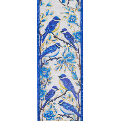 2.5 Inch By 10 Yard Blue Bird Perched Deluxe Dupioni Backed Wired Edge Ribbon