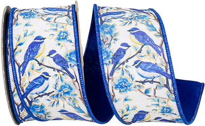 2.5 Inch By 10 Yard Blue Bird Perched Deluxe Dupioni Backed Wired Edge Ribbon