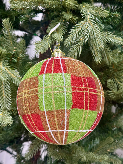 6 Inch Lime Green And Red Plaid Glitter Ornament Ball