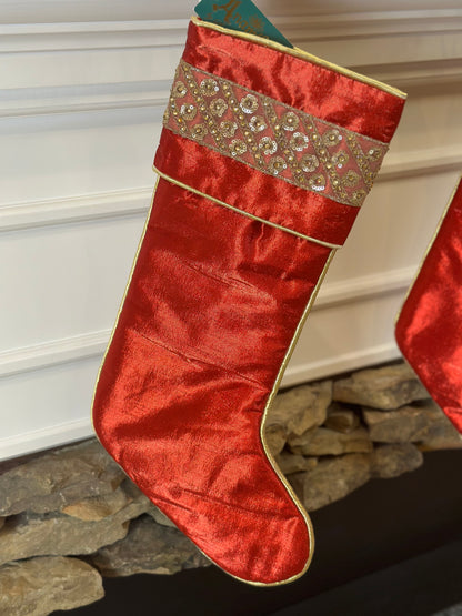 Red Stocking With Gold Bead Design