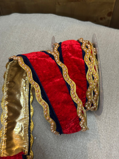 John Mark 2.5 Inch By 10 Yard Red Velvet With Navy And Beaded Trim Edged Ribbon