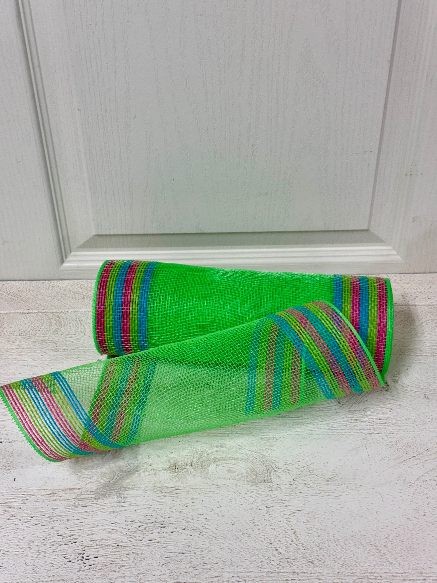 10 Inch By 10 Yard Lime Green Jute With Hot Pink Blue Lime Border Stripe Netting