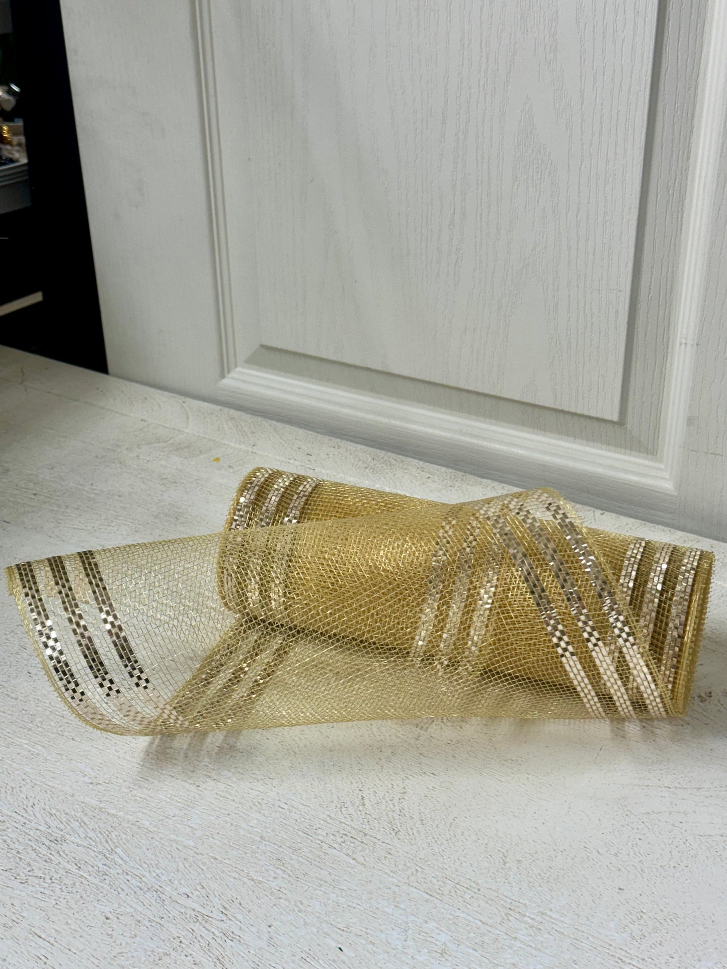 10 Inch By 10 Yard Champagne With Champagne Border Stripe Mesh