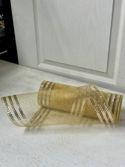 10 Inch By 10 Yard Champagne With Champagne Border Stripe Mesh