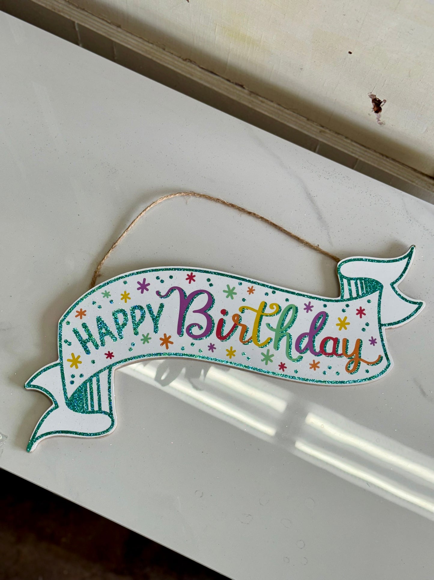 Happy Birthday Glitter Banner Wooden Sign