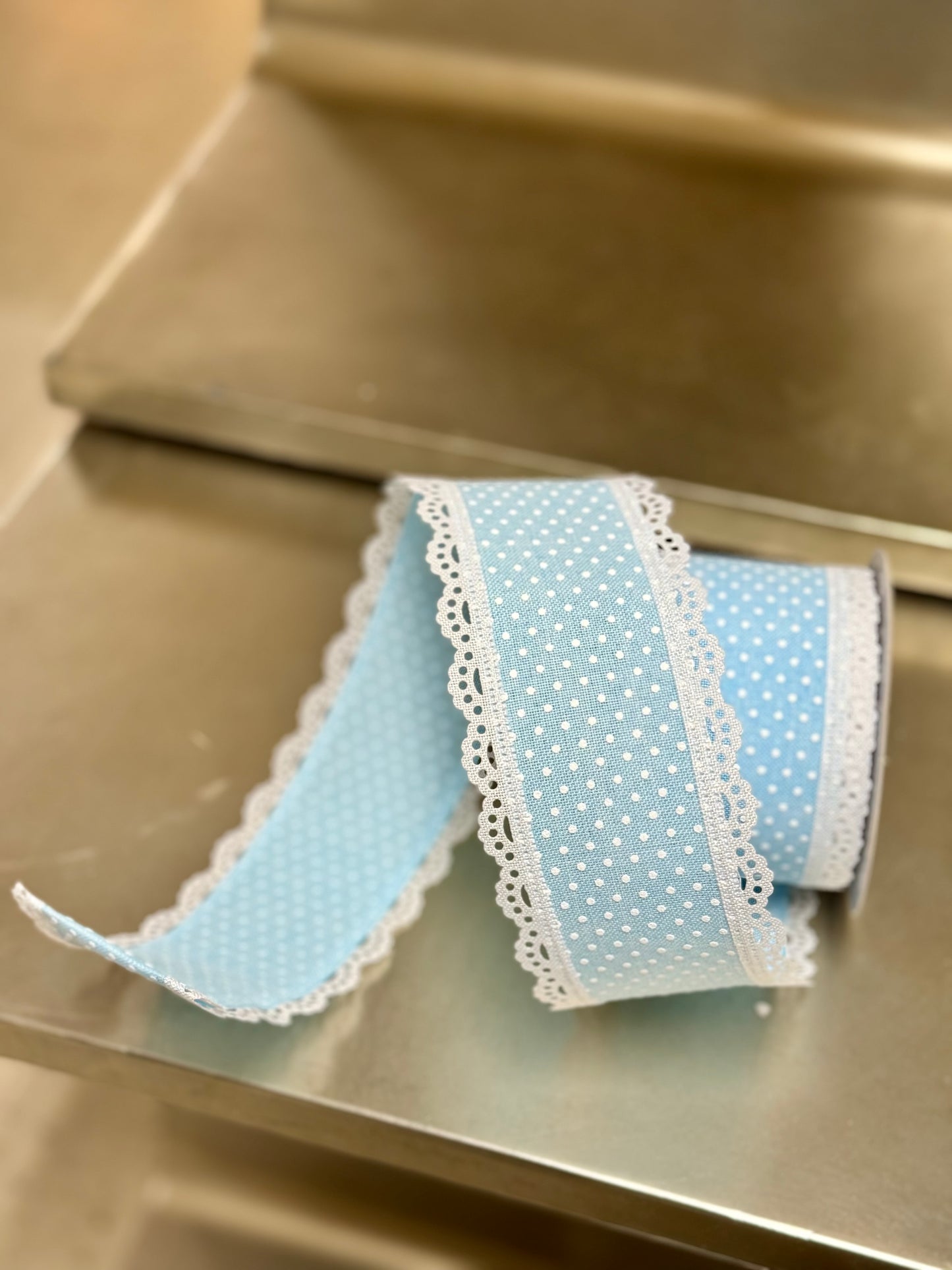 2.5 Inch By 10 Yard Pale Blue And White Ribbon With Lace Edging