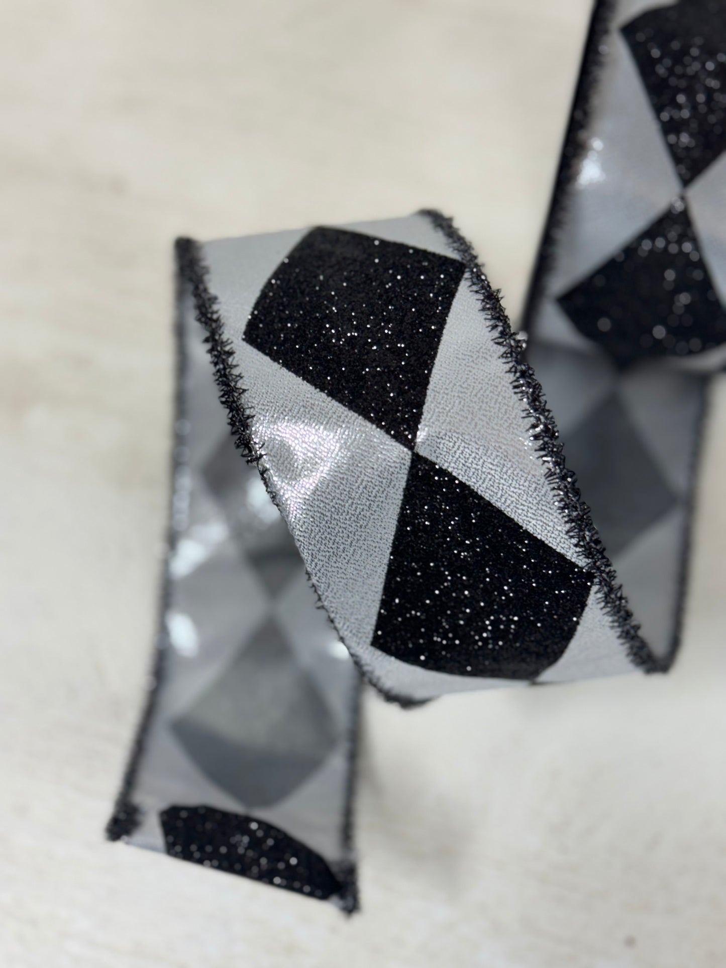 2.5 Inch By 10 Yard Black And Silver Bold Harlequin With Black Tinsel Edge Ribbon