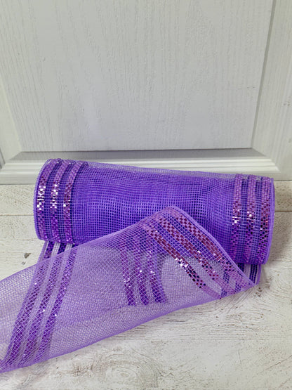 10 Inch By 10 Yard Lavender With Metallic Border Stripe Mesh