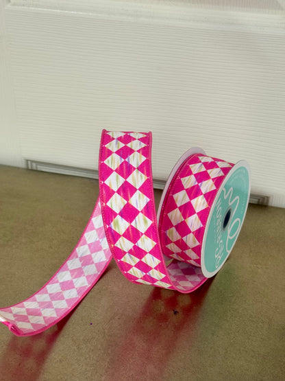 1.5 Inch By 10 Yard Hot Pink And White Antique Diamond Ribbon