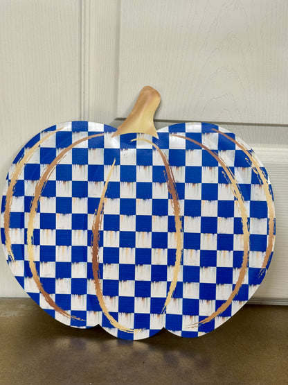 12 Inch Blue Antique White And Gold Check Pumpkin Metal Embossed Wreath Sign