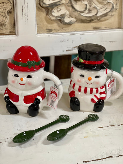 Mr. Christmas Set Of Two Nostalgic Snowman Mugs With Lids And Spoons