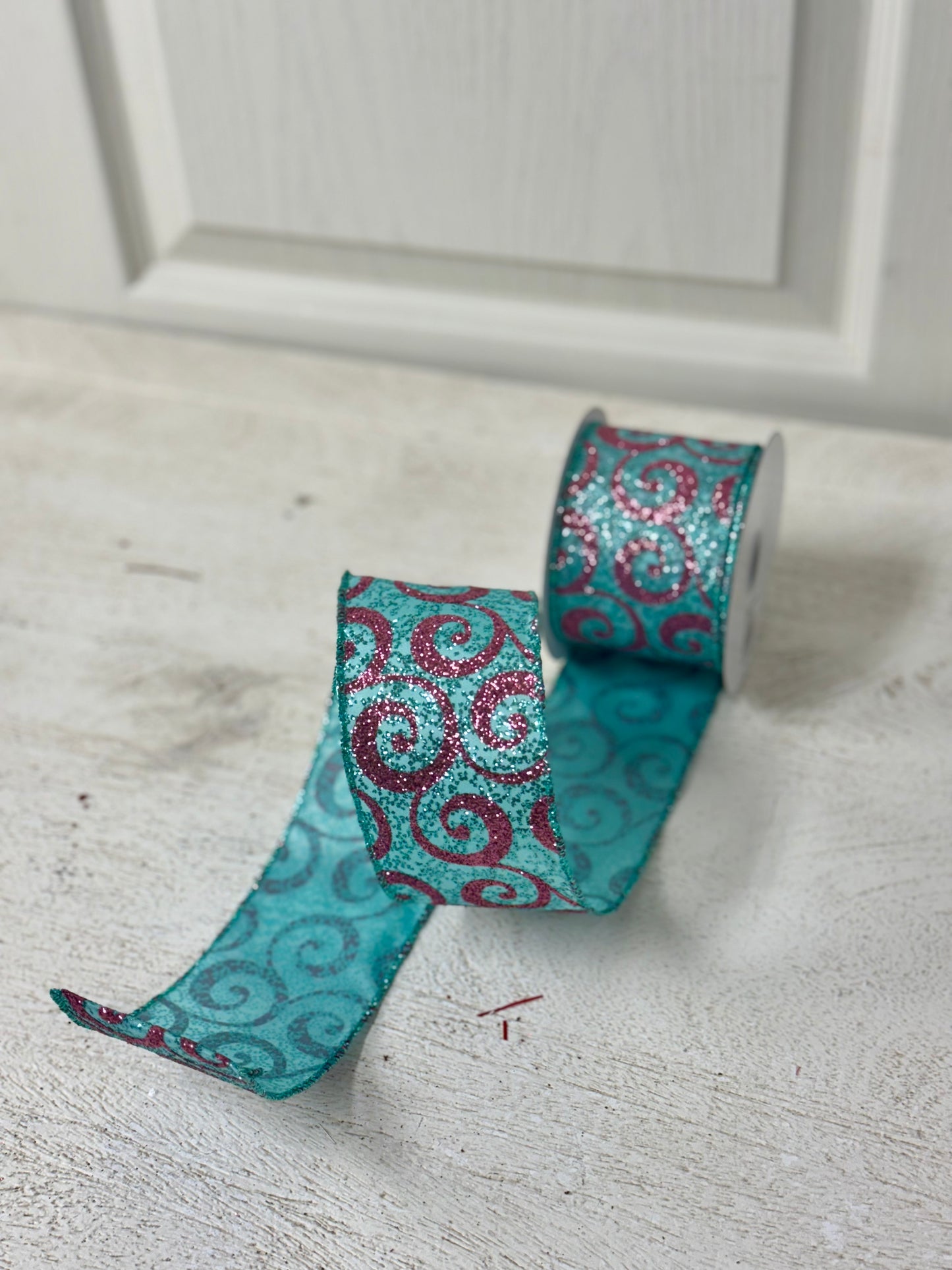 2.5 Inch By 10 Yard Teal And Pink Glitter Swirl Ribbon