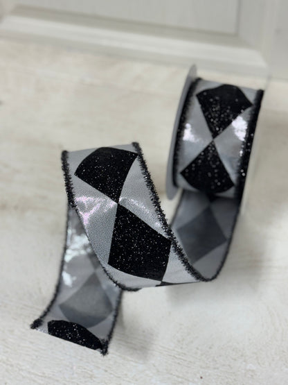 2.5 Inch By 10 Yard Black And Silver Bold Harlequin With Black Tinsel Edge Ribbon