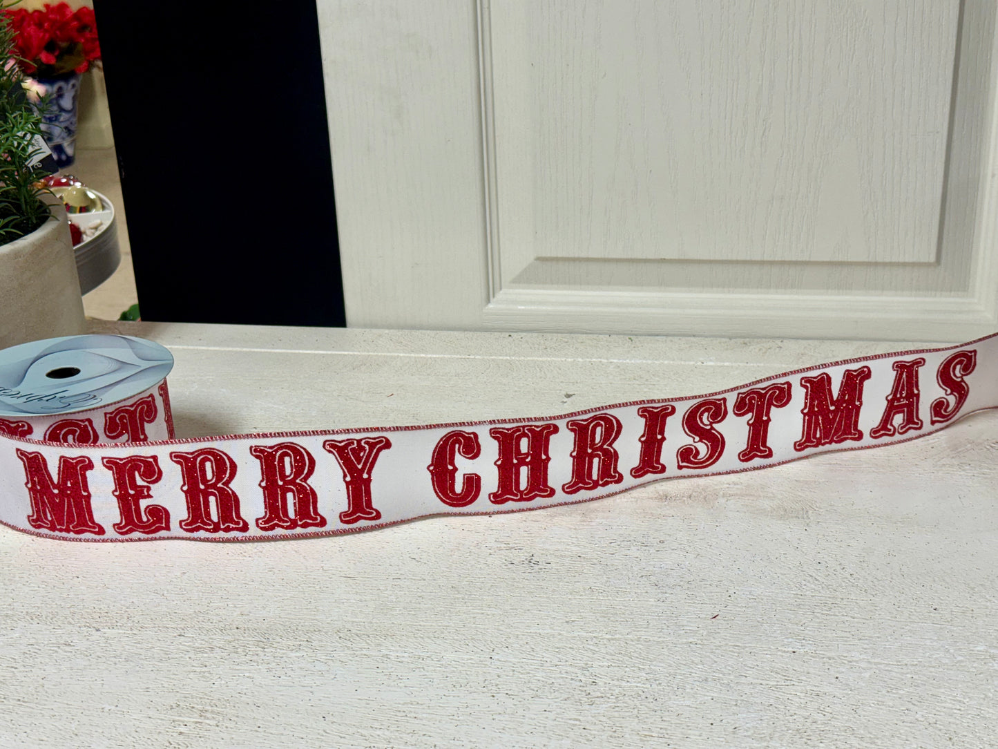 2.5 Inch By 10 Yard Red And White Merry Christmas Ribbon