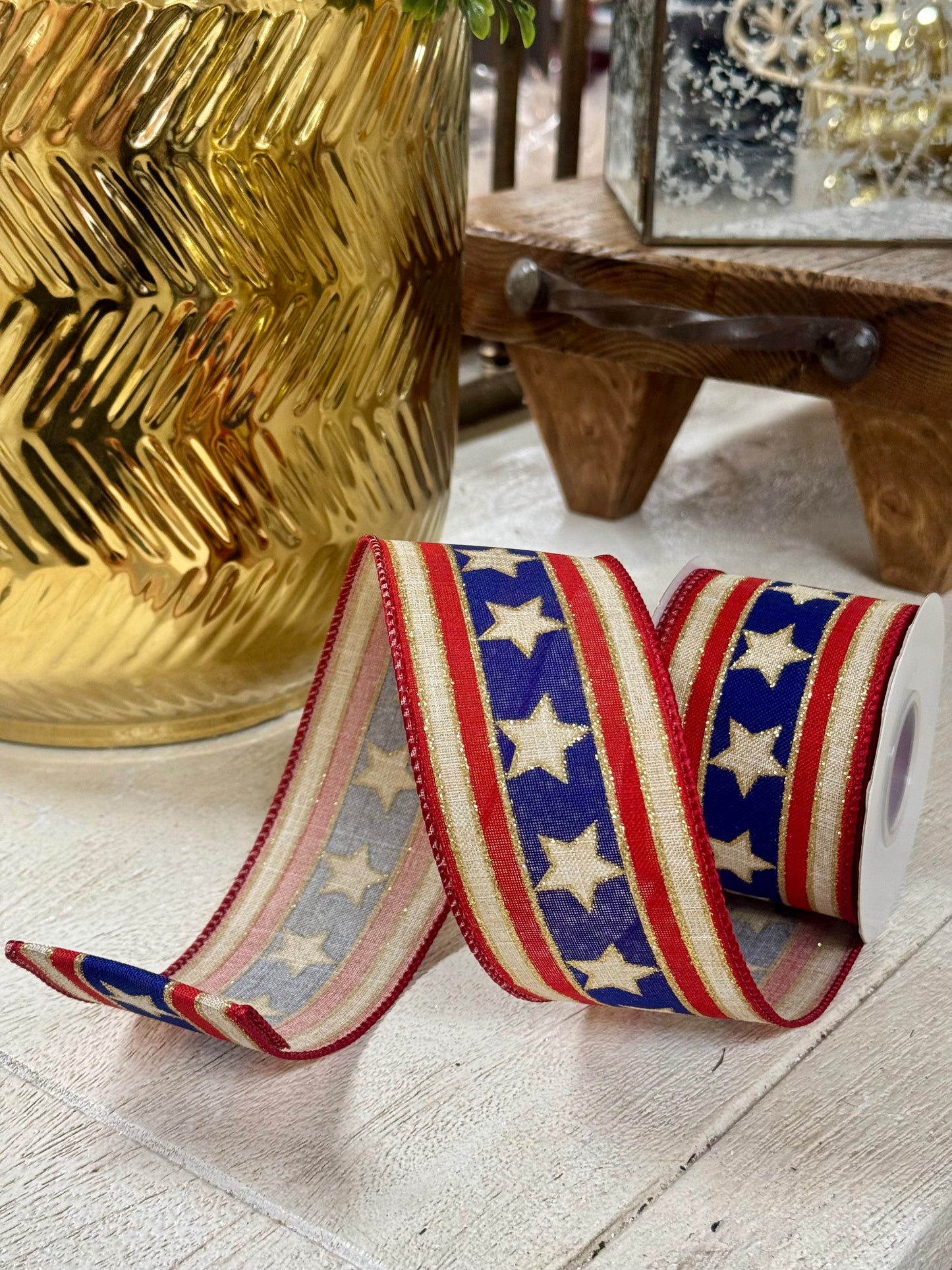 2.5 Inch By 10 Yard Natural And Red Stars And Stripes Ribbon