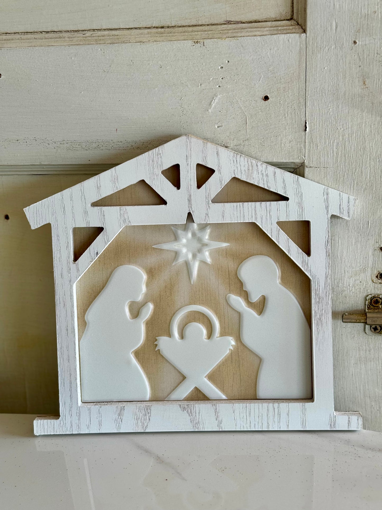 Light Brown And White Metal Nativity Scene Sign