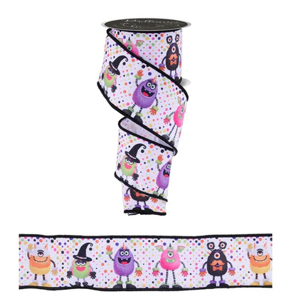 2.5 Inch By 10 Yard Multicolor Halloween Monsters On White Background Ribbon