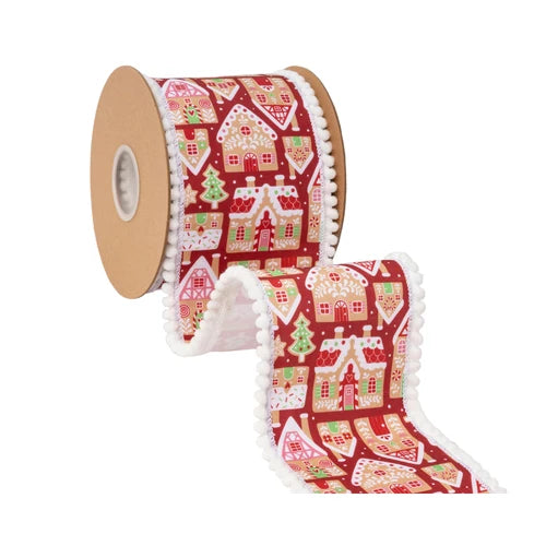 4 Inch By 10 Yard Gingerbread Houses On Red With White Backing Ribbon