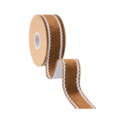 1.5 Inch By 10 Yard Gingerbread Brown White Ric Rac With White Backing Ribbon